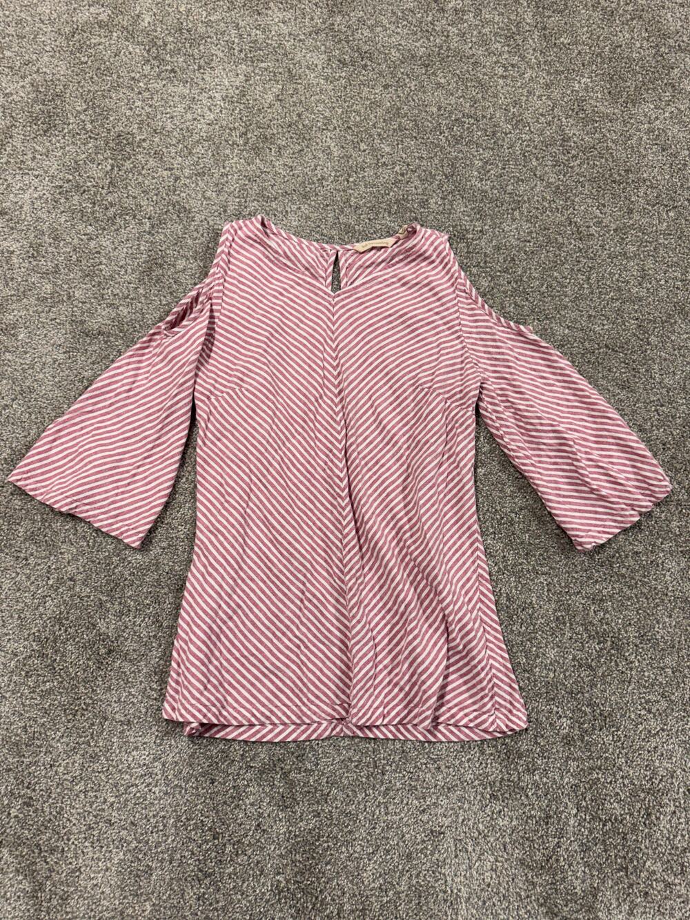 Soft Surroundings Pink Striped Cold-Shoulder Linen Blend Top